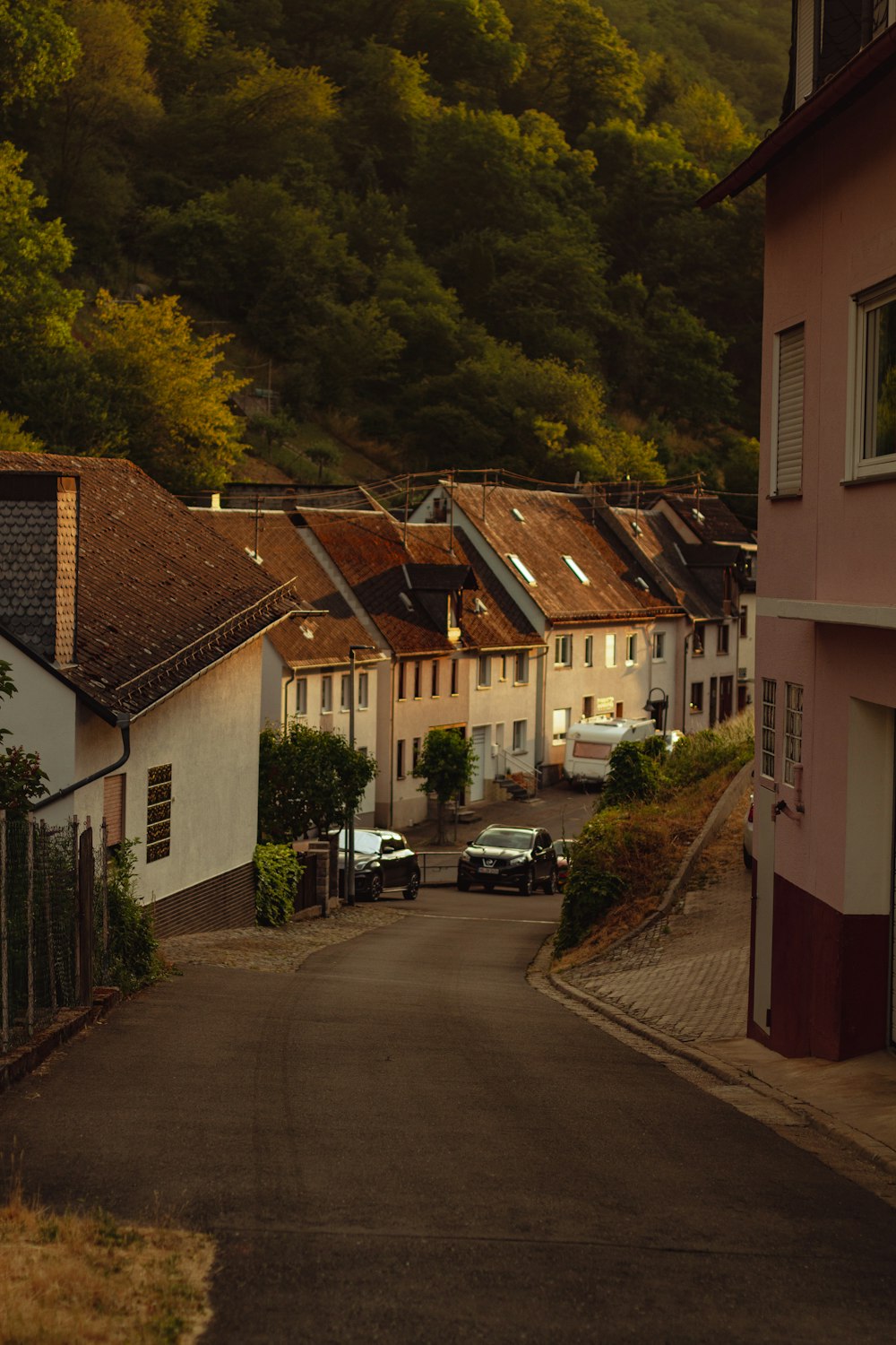 a street lined with houses with a mountain in the background