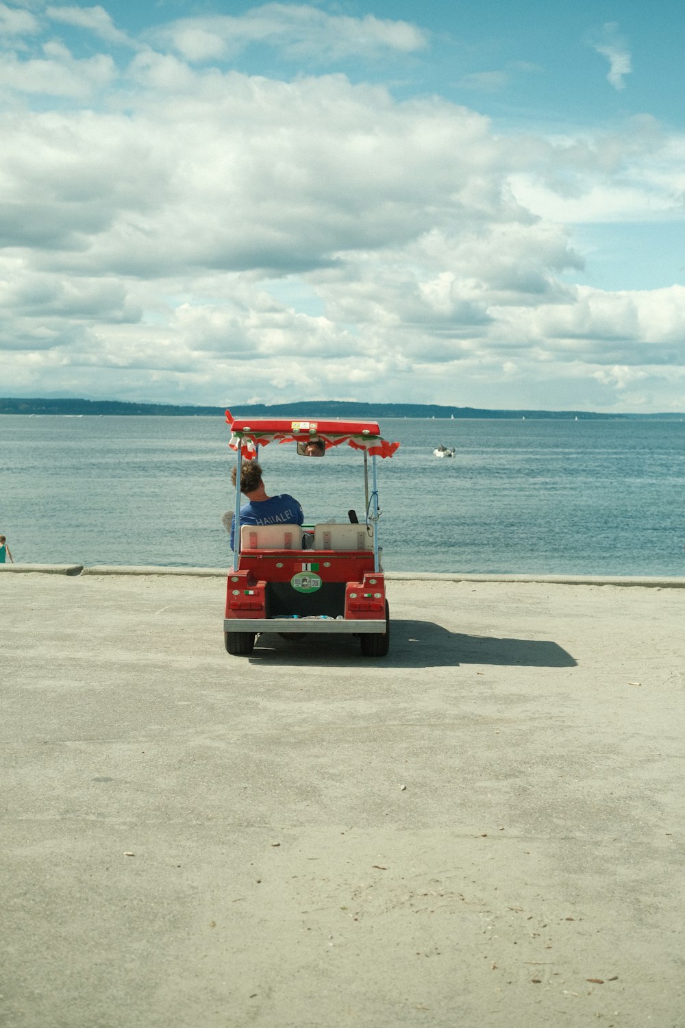 a man driving a cart on the beach