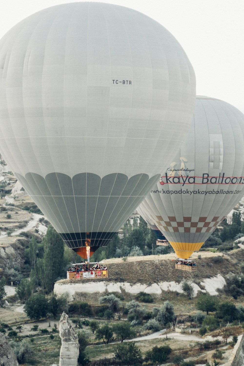 a couple of hot air balloons flying over a valley