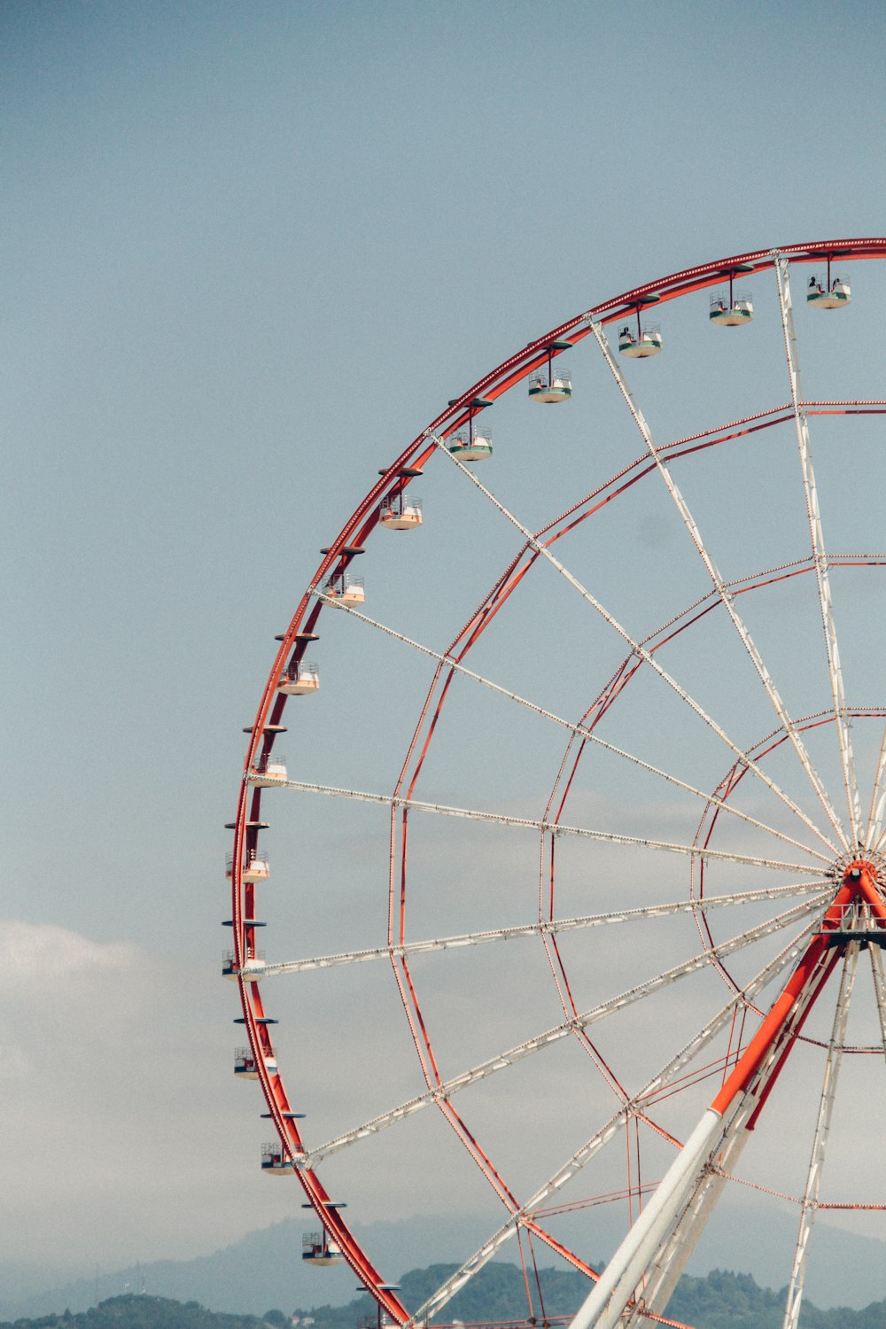 a ferris wheel in a field with mountains in the background