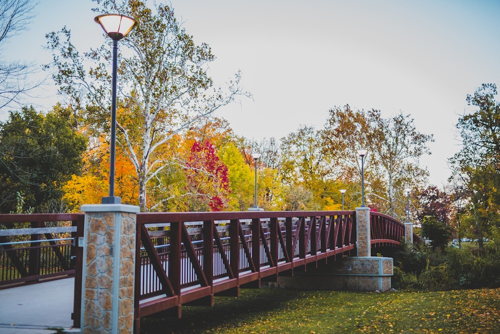 a wooden bridge with a lamp post on top of it