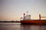 A large cargo ship with a red hull is sailing in calm waters near the coast. Trees and small buildings are visible in the background under a clear sky with a soft gradient from light blue to peach.