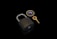 A brass padlock lies on a reflective black surface accompanied by a gold key attached to a circular keychain with colored segments.