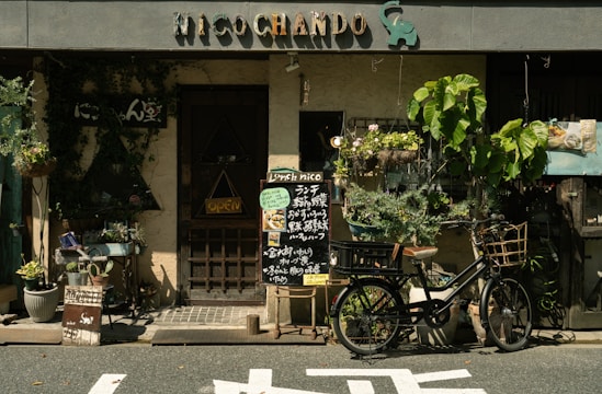 A quaint storefront with rustic charm features a sign reading 'Nico Chando' adorned with an elephant figure. The facade is decorated with lush greenery and hanging plants. In front of the entrance, a bicycle with a wicker basket is parked, and a chalkboard menu displays food items written in a foreign language. Potted plants of various shapes and sizes line the entrance, enhancing the inviting atmosphere.