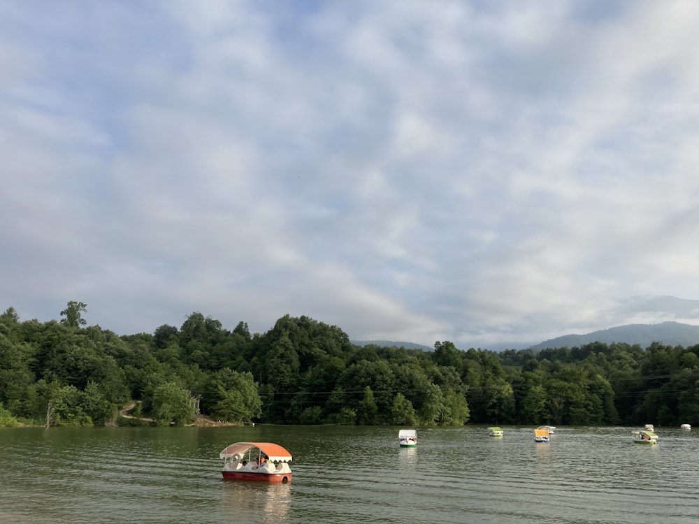 a boat floating on top of a lake next to a forest