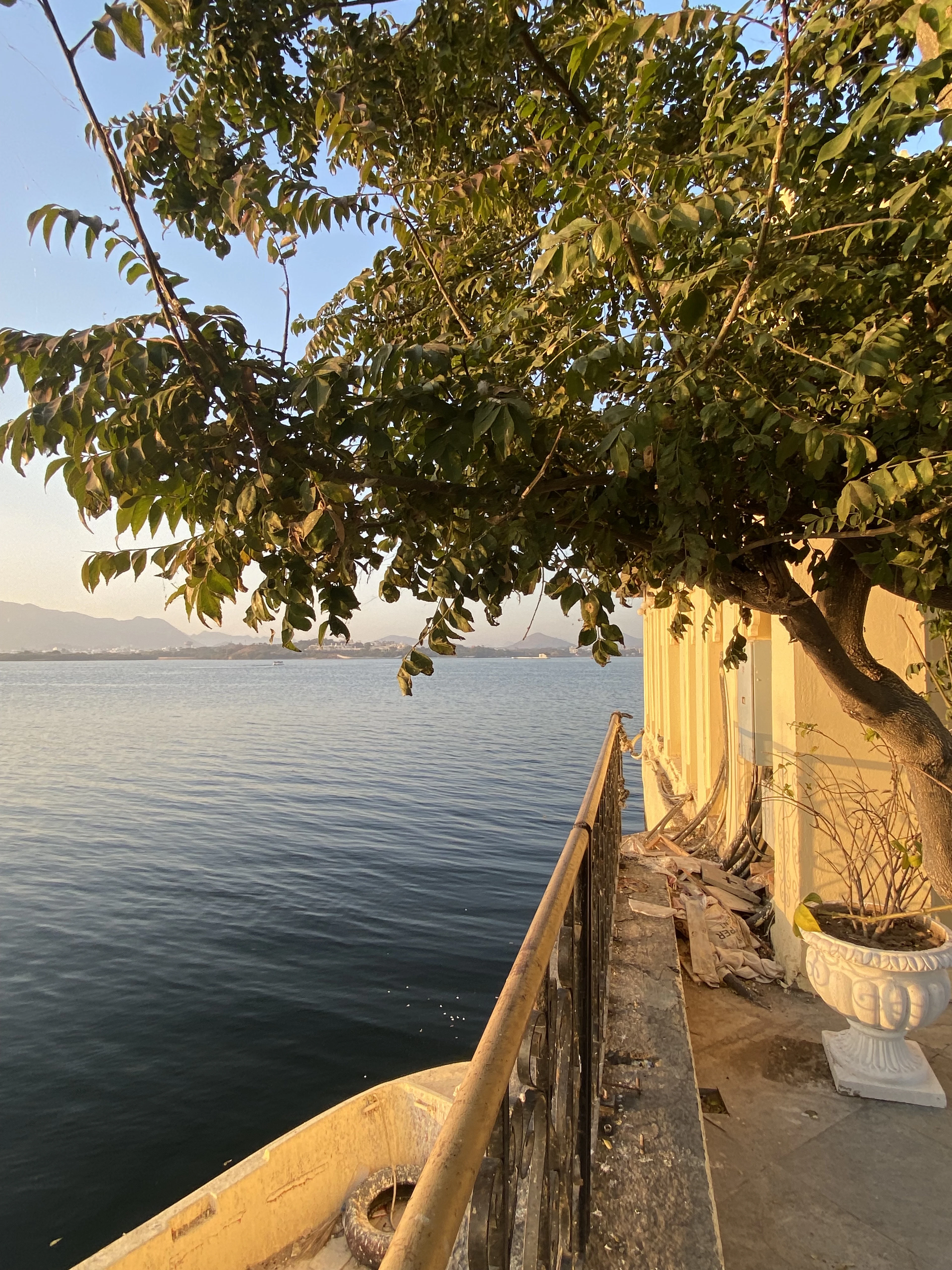 Lake view from a heritage terrace shaded by a tree