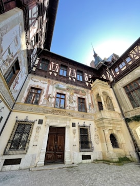An ornate building exterior featuring intricate architectural details, including tall wooden framed windows, decorative carvings, and detailed frescoes on the walls. The building has a classical and historical aesthetic with a mix of light and shadow playing on its surface, under a bright blue sky.