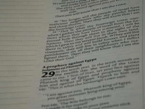 Printed text featuring scripture from a religious book, specifically focusing on prophecies and judgments. The text is organized in paragraphs with certain notable words in bold, and page numbers are visible.