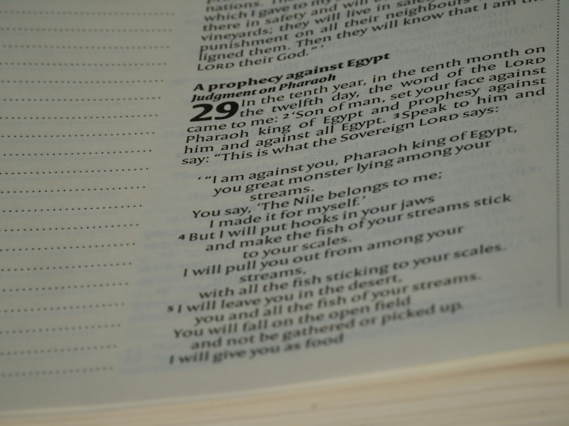 The image contains a close-up of text from a religious book, specifically a passage highlighting a prophecy against Egypt. The text is printed in a modern typeface, with bold numbers and headers. The focused portion includes a prophecy involving Pharaoh, with poetic language.