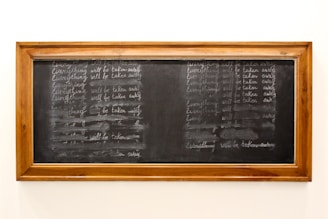 A wooden-framed blackboard displaying repeated chalk writing that reads 'Everything will be taken away,' with various levels of erasure and fading.
