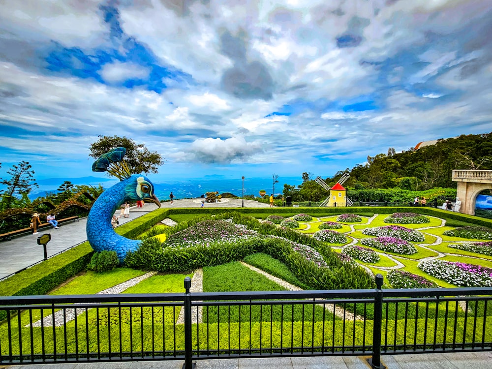 a view of a garden from a balcony