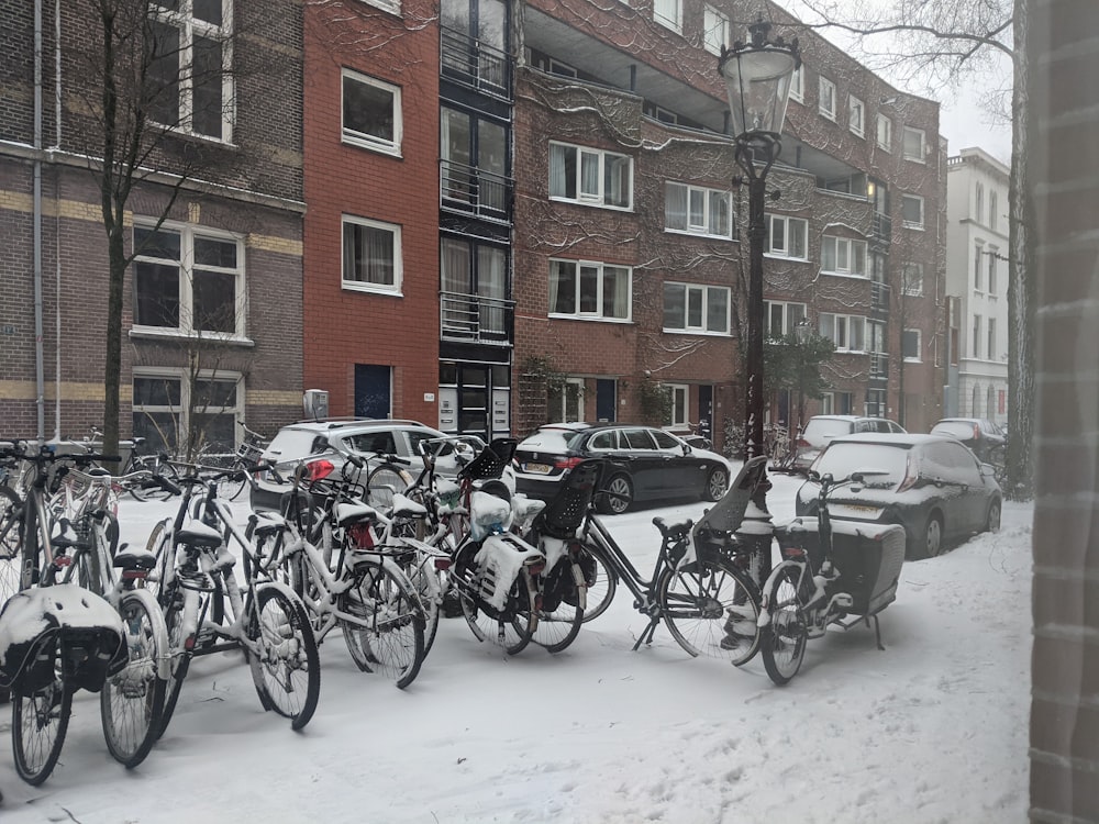 a bunch of bikes that are in the snow