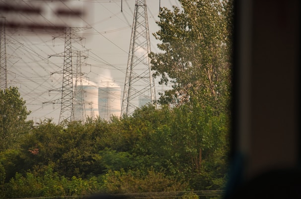Tall electricity pylons and transmission lines dominate the landscape, standing amidst lush green foliage. In the background, cooling towers are visible, emitting steam or smoke into the air.