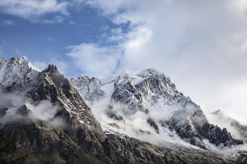 a very tall mountain covered in snow under a cloudy sky