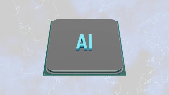 A grey processor chip with the letters 'AI' prominently displayed in blue, set against a subtle background with faint outlines of a map.