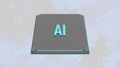 A grey processor chip with the letters 'AI' prominently displayed in blue, set against a subtle background with faint outlines of a map.