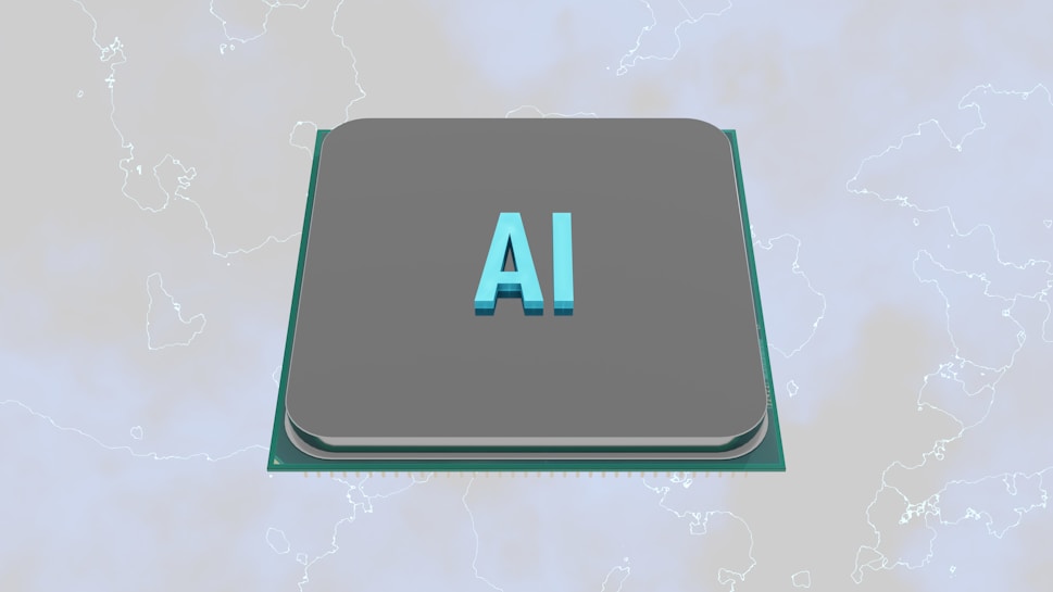 A grey processor chip with the letters 'AI' prominently displayed in blue, set against a subtle background with faint outlines of a map.
