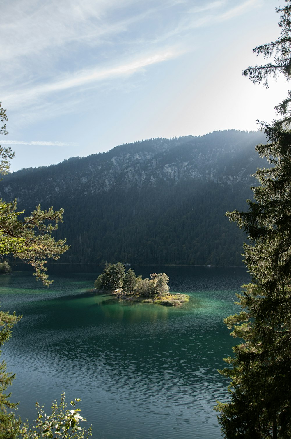 a body of water surrounded by trees and mountains