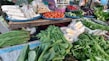 A vibrant market stall displays an assortment of fresh vegetables and packaged food items. Tomatoes, cucumbers, eggplants, and chillies are neatly arranged on blue trays. Various leafy greens and bundled herbs are piled in front, alongside packaged corn. The colorful produce is set against a rustic wooden table.