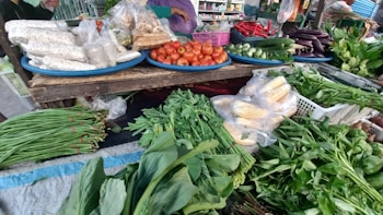 A vibrant market stall displays an assortment of fresh vegetables and packaged food items. Tomatoes, cucumbers, eggplants, and chillies are neatly arranged on blue trays. Various leafy greens and bundled herbs are piled in front, alongside packaged corn. The colorful produce is set against a rustic wooden table.