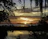 A serene bayou scene at sunset with soft golden light filtering through moss-draped trees.