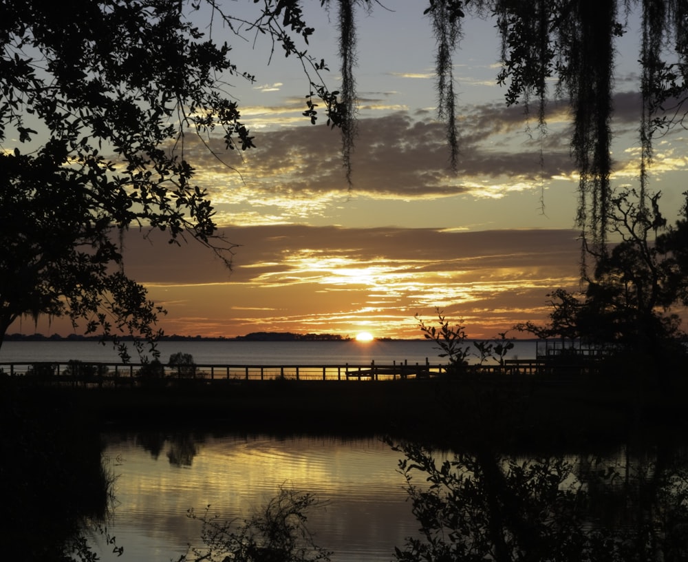 the sun is setting over a body of water