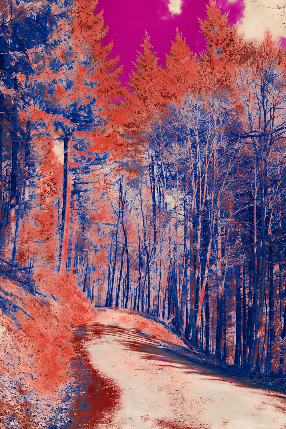 a painting of a road surrounded by trees