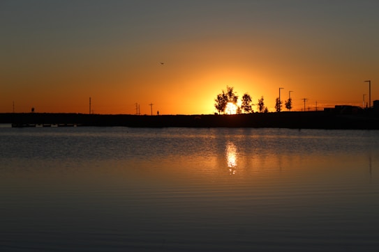 The image depicts a serene sunset over a calm body of water, with the sun setting behind a row of silhouetted trees and streetlights. The sky is a gradient of warm orange and yellow tones, creating a peaceful and reflective atmosphere.