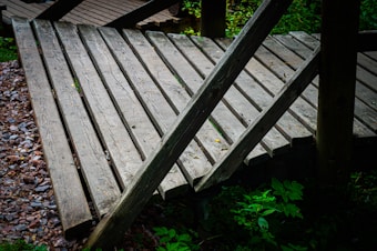 A wooden deck or footbridge is shown with horizontal slats and diagonal beams for support. The structure is surrounded by dense green foliage and is set against a backdrop of rocks.