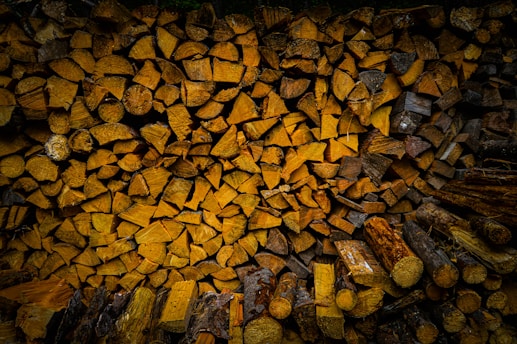 A neatly stacked pile of firewood arranged in a compact manner. The logs are cut into various shapes, primarily circular and semi-circular, showcasing different shades of brown and wood textures. The image is taken in a warmly lit environment that highlights the detailed patterns and grain of the wood.