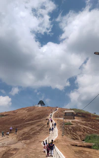 Group of trainees climbing a tall ladder against a cloudy sky.