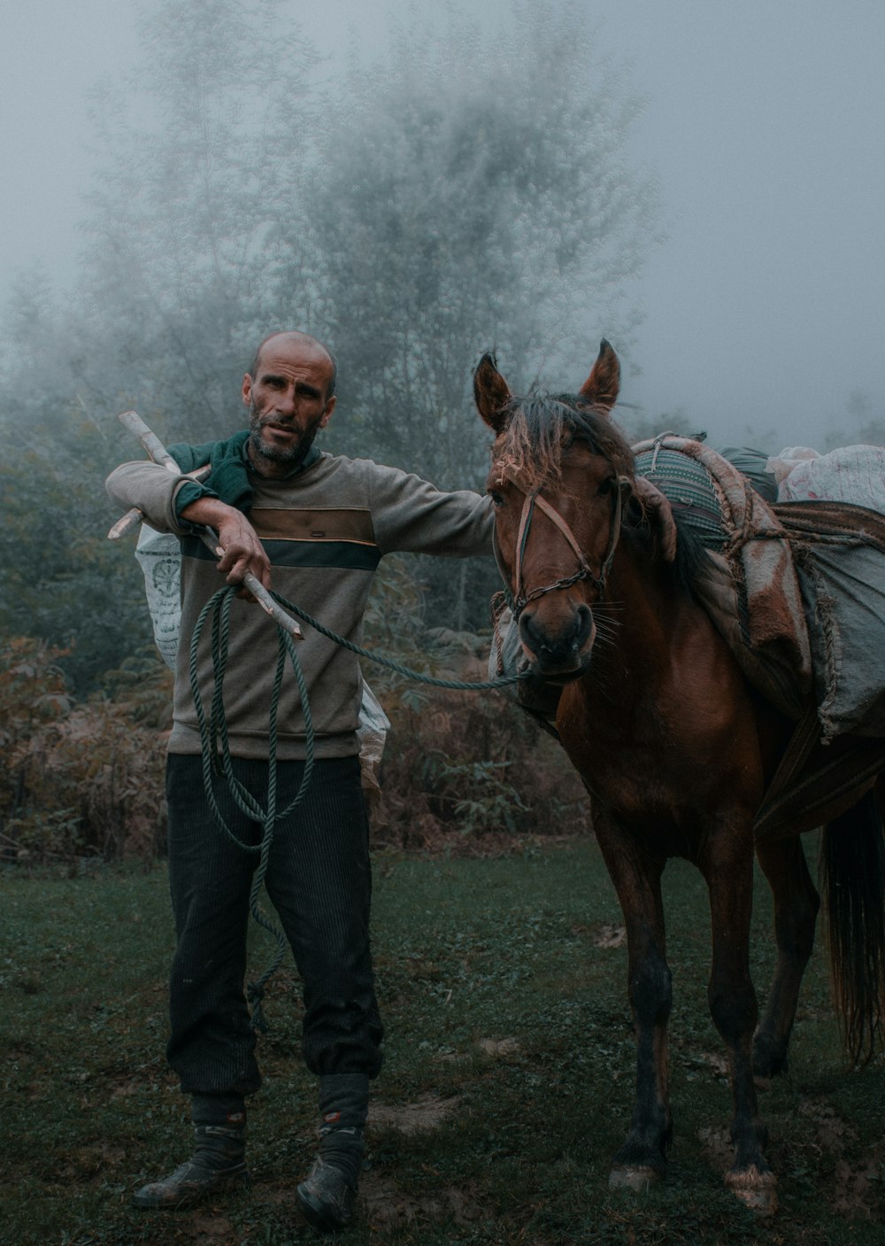 a man standing next to a brown horse