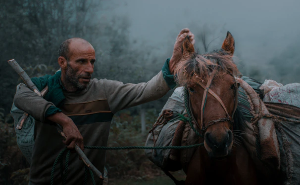 Close-up of Tony’s weathered hands gripping the reins of a horse, dust swirling around.
