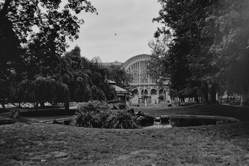 Historic black and white photo of the park’s original entrance from decades ago.