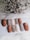 A collection of nail samples in various colors, including shades of brown, gray, beige, and a sparkling glitter finish, are arranged on a white surface. In the background, a cluster of dried flowers adds texture and contrast.