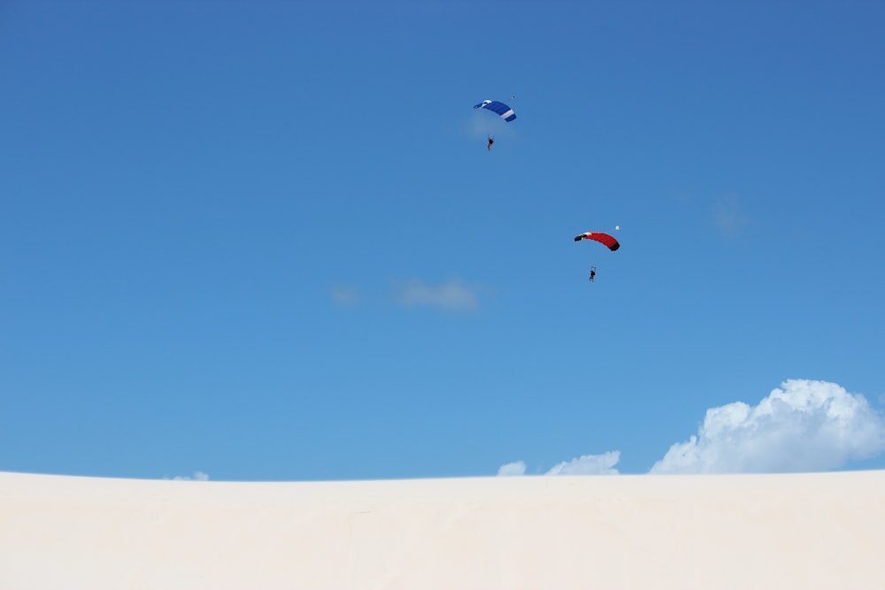 two kites flying in the sky on a sunny day