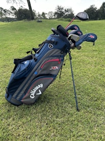 A blue and black golf bag with several golf clubs, including drivers and irons, is standing on a green grassy field. The brand name Callaway is prominently displayed on the side of the bag. Trees and bushes are visible in the distant background.
