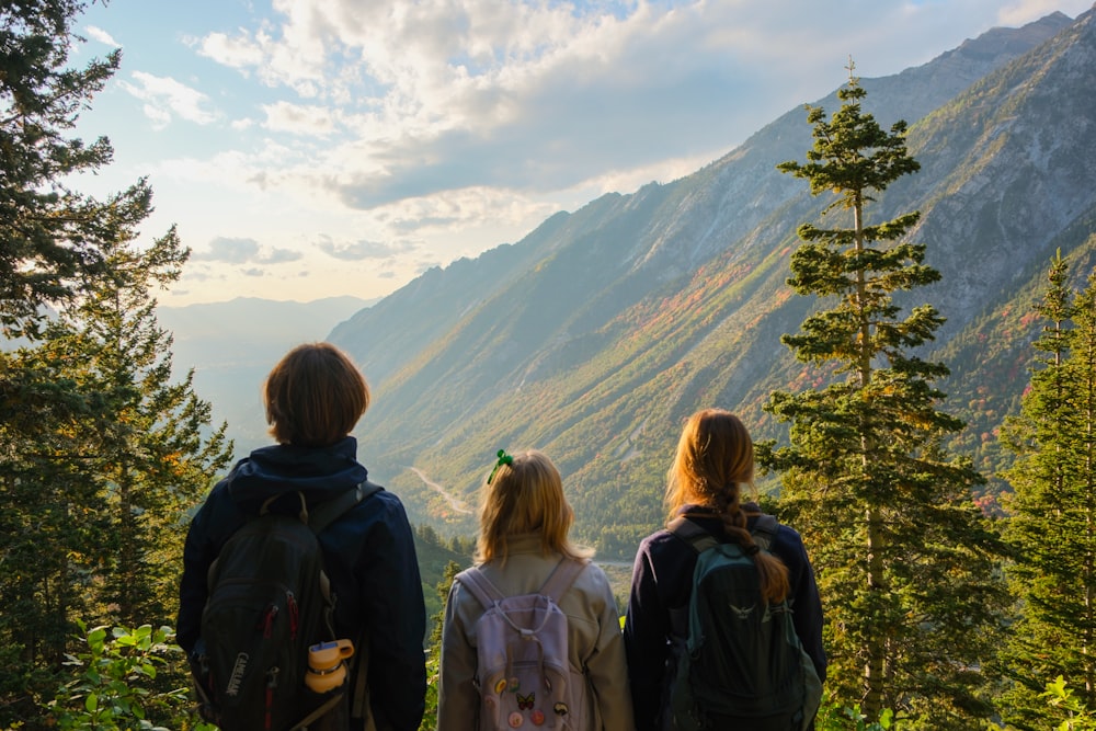 a group of people standing on top of a lush green hillside