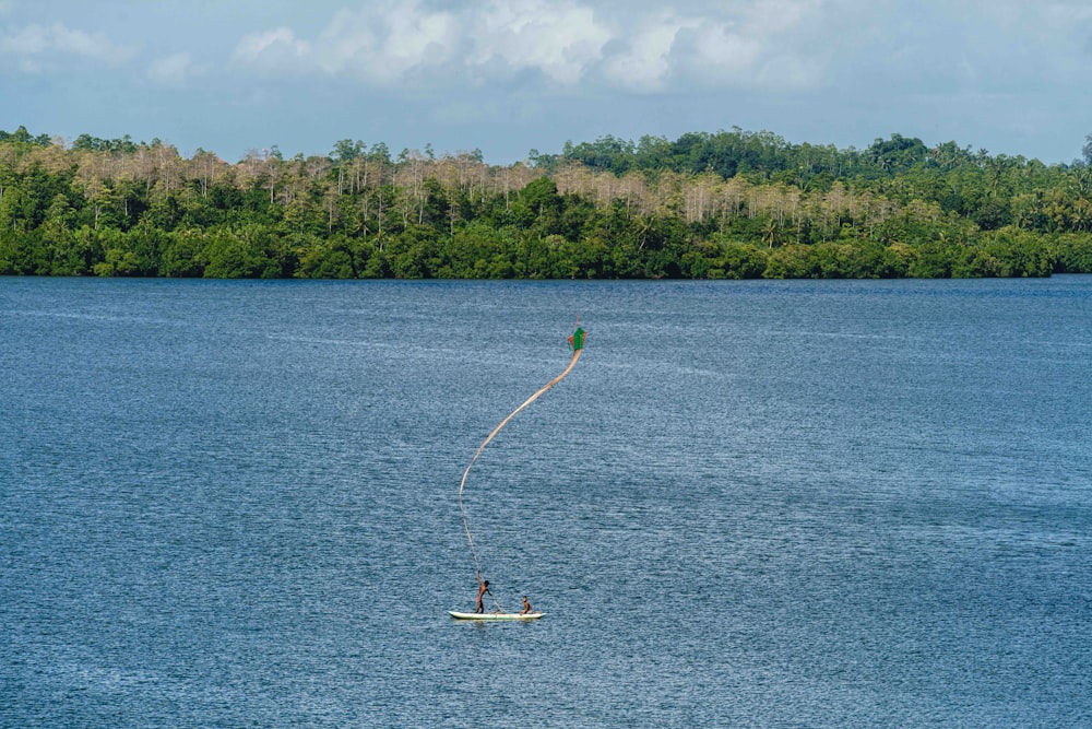 a person is parasailing on a lake with trees in the background
