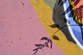 A textured wall painted with abstract shapes in various colors, including pink, yellow, and blue. Shadows of leaves and branches are cast across the surface, creating a dynamic interplay with the geometric patterns.
