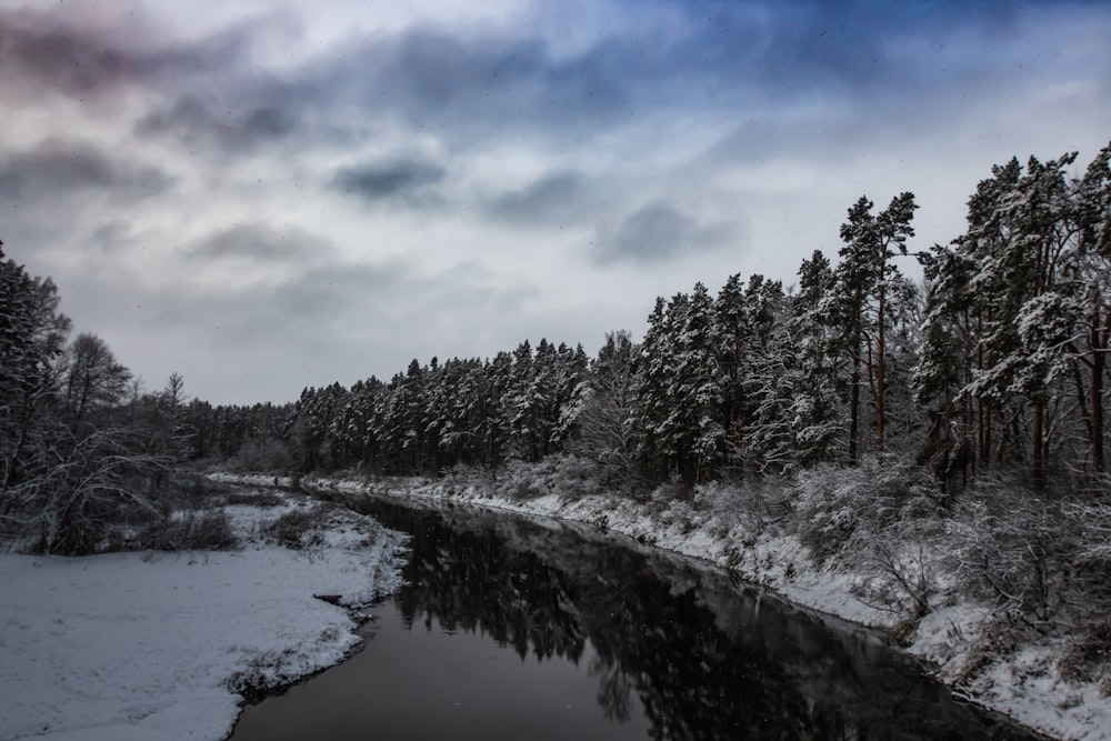 a river surrounded by snow covered trees under a cloudy sky