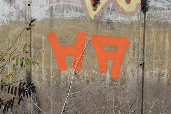 Orange graffiti letters 'HA' are painted on a weathered concrete wall, surrounded by some plants and faint graffiti. There are visible rust stains and signs of aging on the wall.
