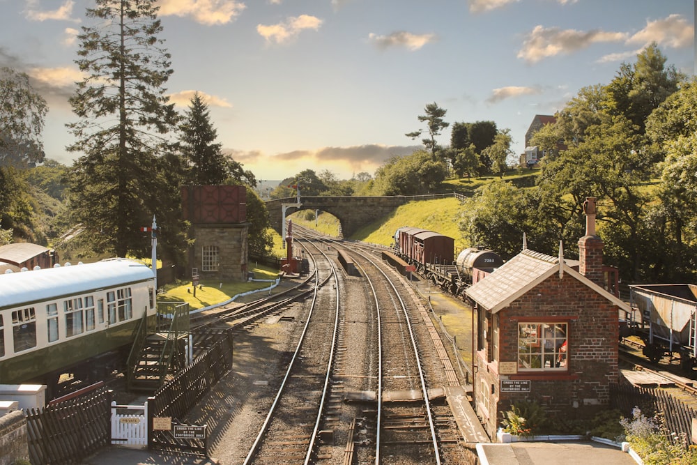 a train traveling down train tracks next to a forest