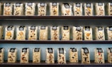 A display of various packaged nougat bars arranged on shelves. Each package contains a nougat bar embedded with assorted nuts, dried fruits, and berries. The bars are wrapped in clear plastic with a dark-colored label at the top, showcasing different combinations of ingredients like almonds, cranberries, and blueberries. The shelves are part of a retail setting with an orderly presentation.