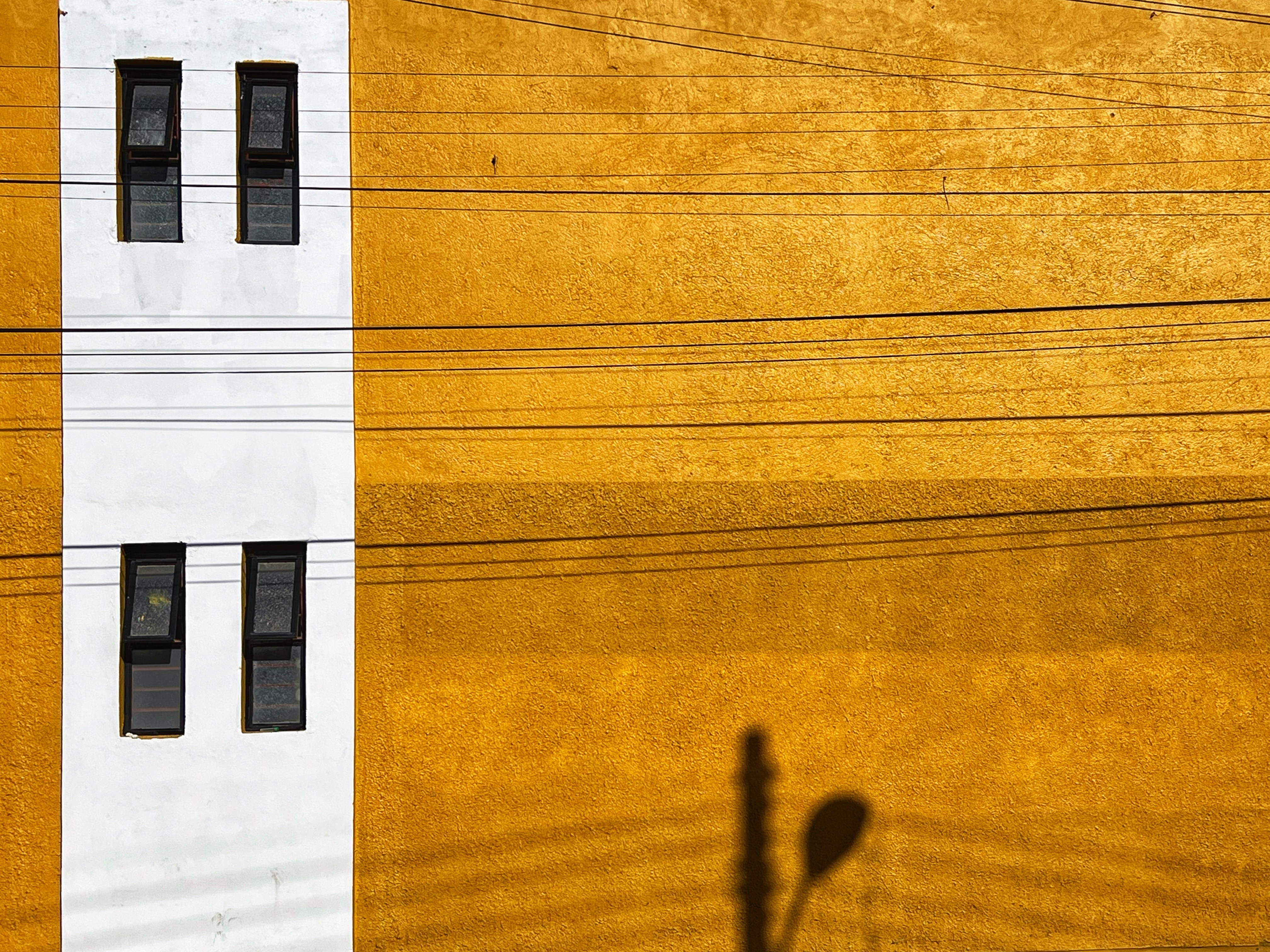 The image features a section of a building exterior with a yellow wall and a vertical white stripe that contains four black-framed windows. Several horizontal electrical wires run across the scene. A shadow of a street lamp projects onto the wall, adding visual interest.