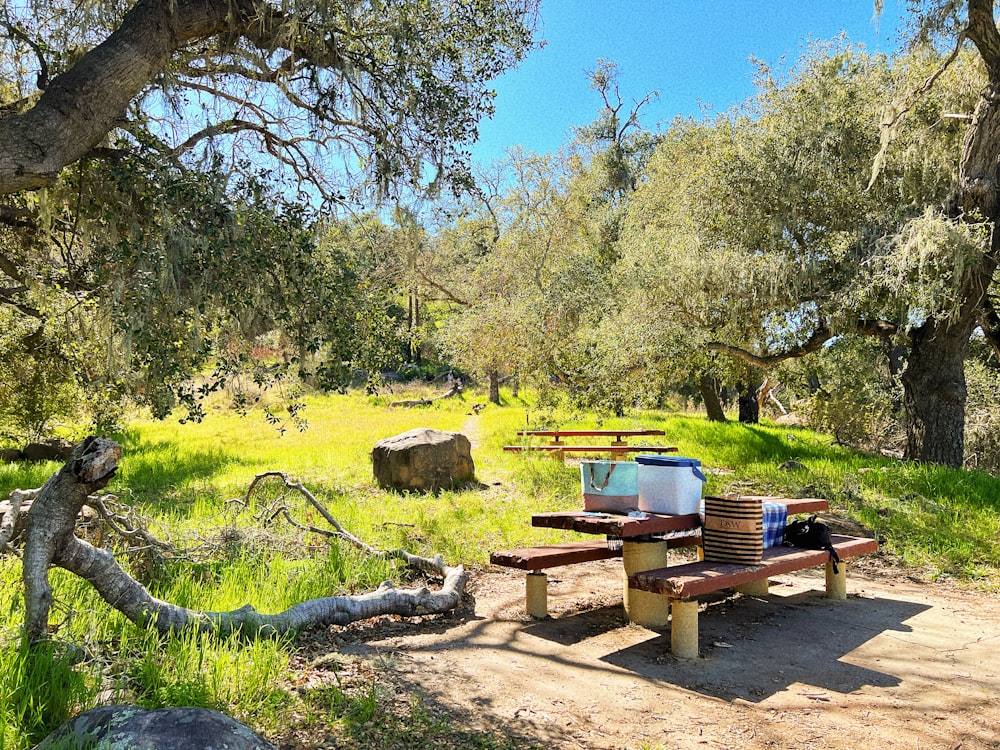 Una mesa de picnic en medio de un campo
