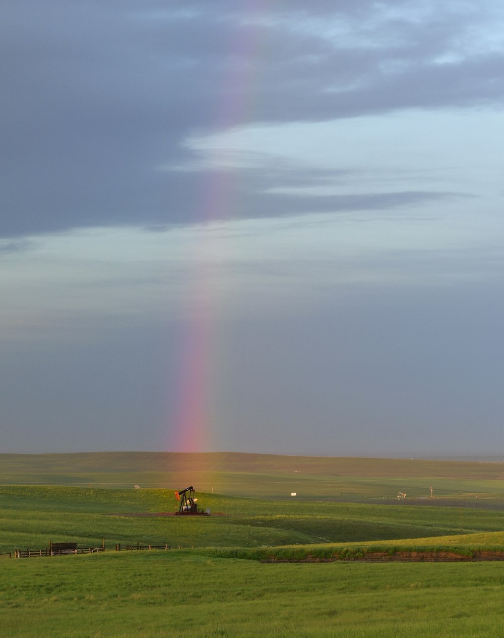 ein Regenbogen am Himmel über einer grünen Wiese