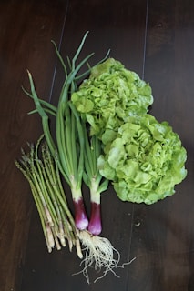 A collection of fresh vegetables arranged on a dark wooden surface, including two heads of leafy green lettuce, several stalks of green onions with purple bases and roots, and a bundle of asparagus spears.