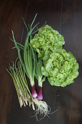 A collection of fresh vegetables arranged on a dark wooden surface, including two heads of leafy green lettuce, several stalks of green onions with purple bases and roots, and a bundle of asparagus spears.