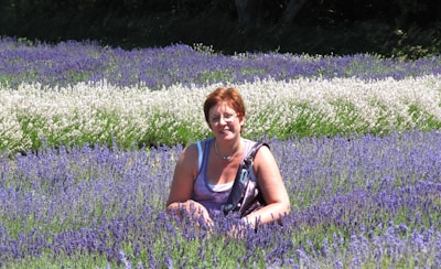 Bernard Sorbier seated with a book in hand, surrounded by lavender fields.